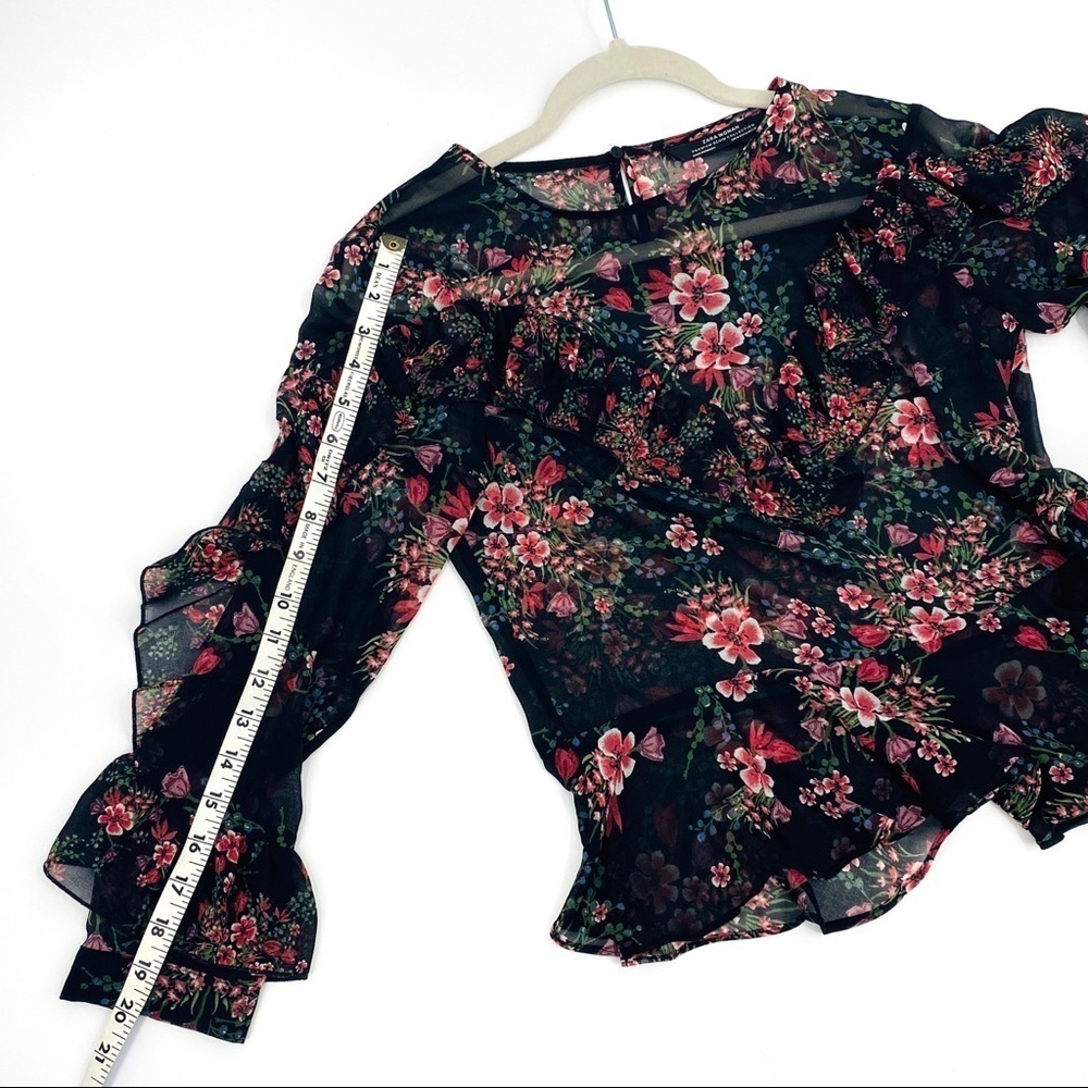 Zara Women Sheer Floral Long Sleeve Ruffled Layered Pink Black Cuffed Blouse SzM - Picture 13 of 15